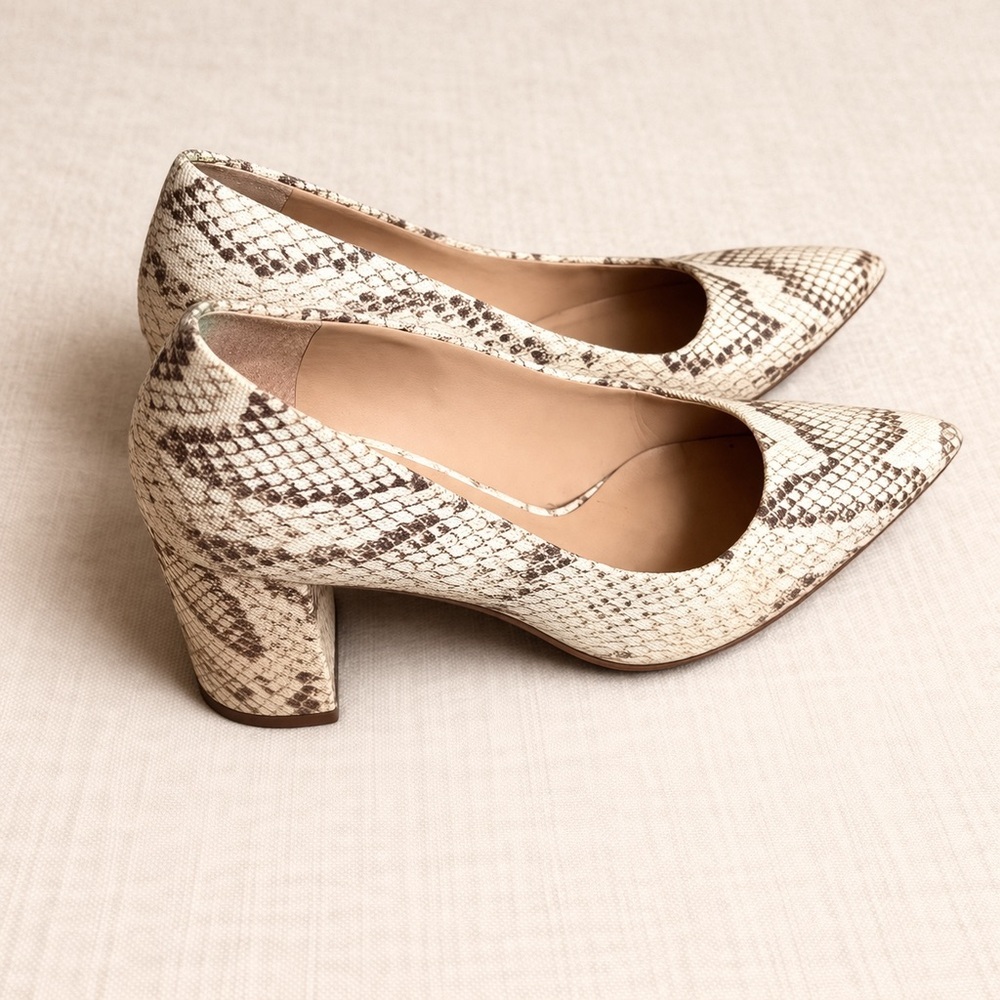 FRANCO SARTO Snakeskin Print Block Heel Pumps Pointed Toe 3.5”